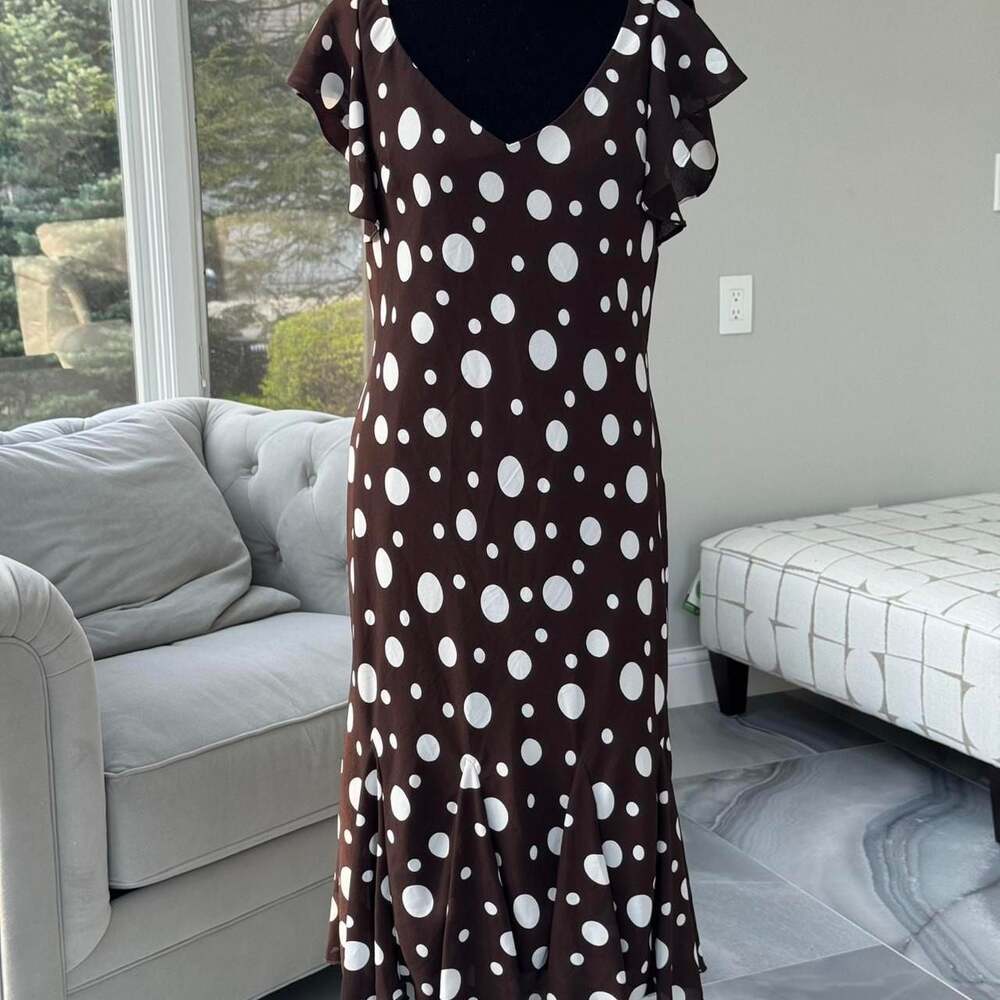 S.L. Fashions Vintage Brown Polka Dot Ruffle Maxi Dress